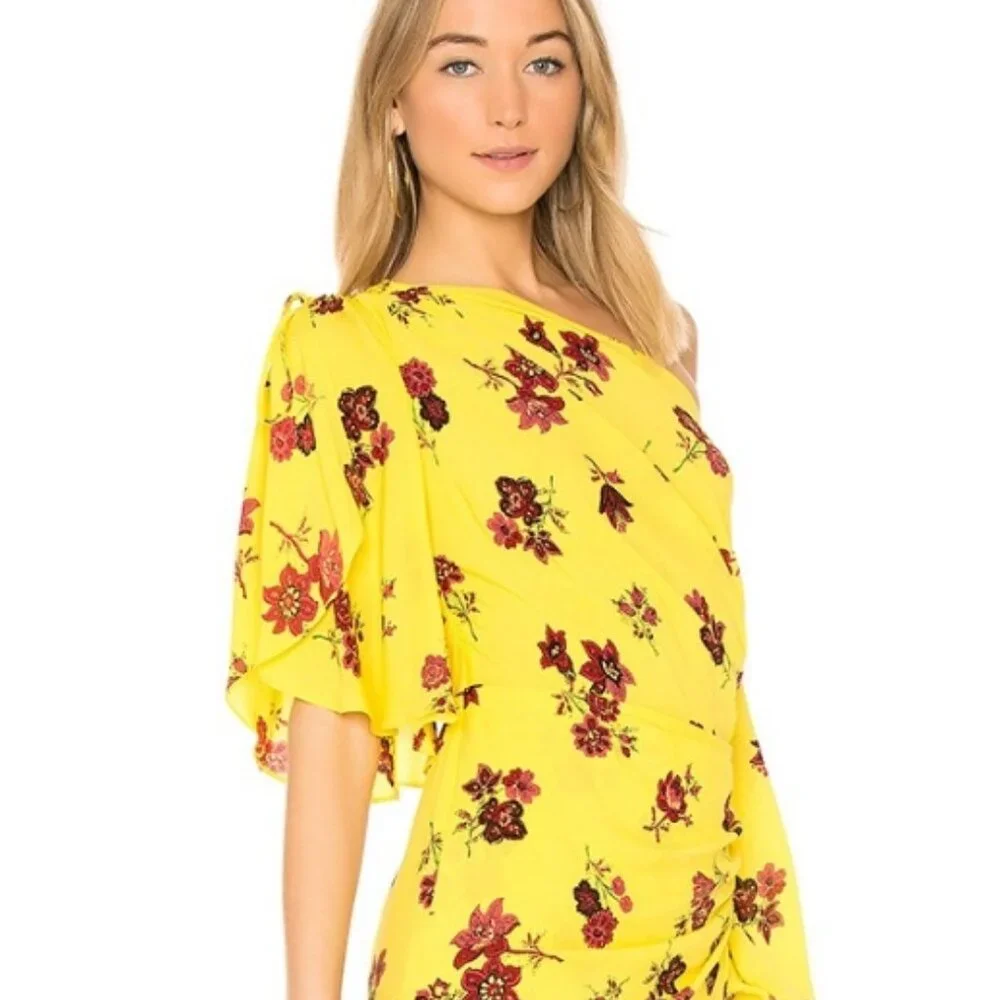 A.L.C Silk Florence Floral Ruffles Asymmetrical Midi Dress Linsey Yellow XS $675